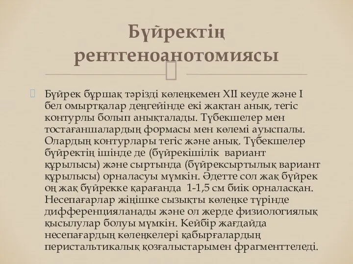 Бүйрек бұршақ тәрізді көлеңкемен XII кеуде және I бел омыртқалар деңгейінде екі