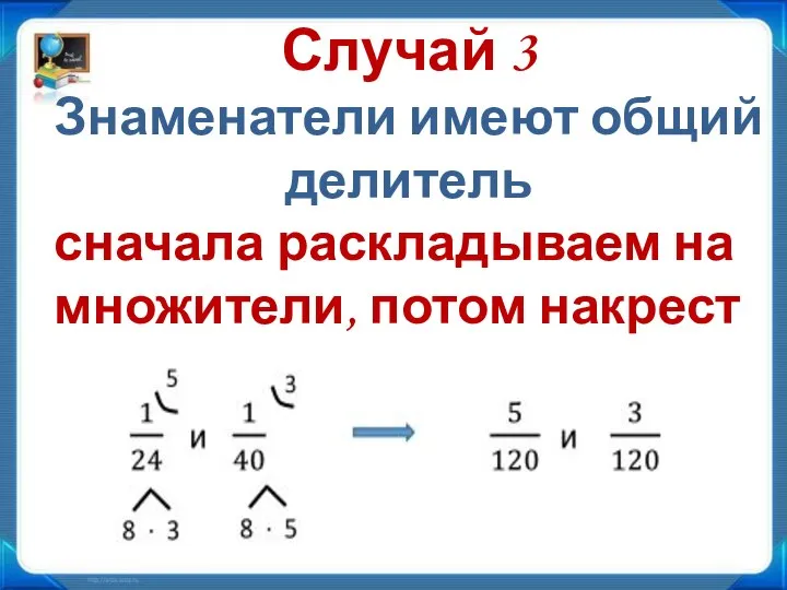 Случай 3 Знаменатели имеют общий делитель сначала раскладываем на множители, потом накрест