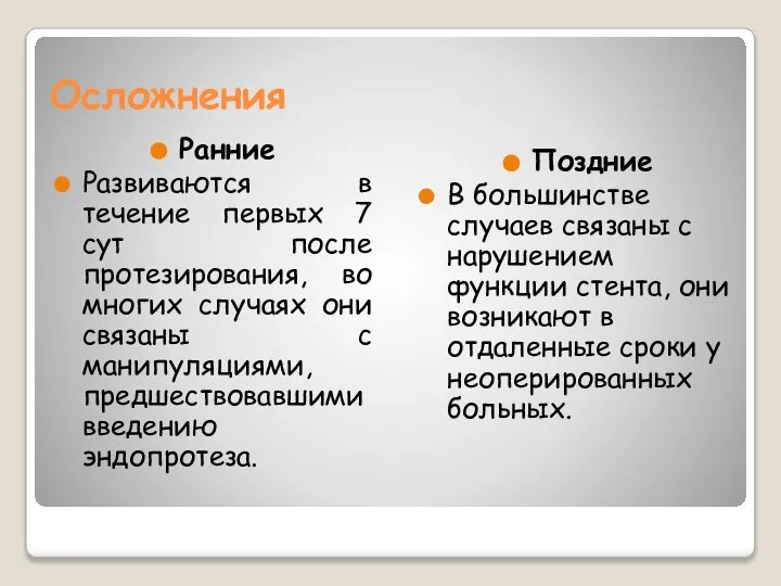 Осложнения Ранние Развиваются в течение первых 7 сут после протезирования, во многих