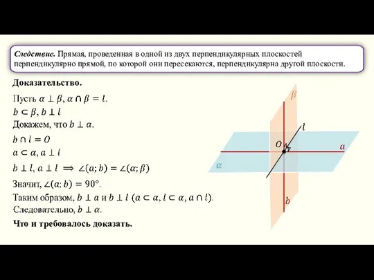 Следствие. Прямая, проведенная в одной из двух перпендикулярных плоскостей перпендикулярно прямой, по