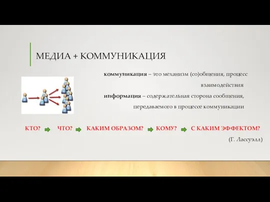 МЕДИА + КОММУНИКАЦИЯ коммуникация – это механизм (со)общения, процесс взаимодействия информация –