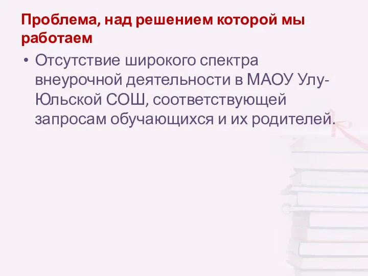 Проблема, над решением которой мы работаем Отсутствие широкого спектра внеурочной деятельности в