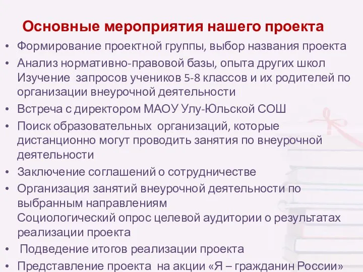 Основные мероприятия нашего проекта Формирование проектной группы, выбор названия проекта Анализ нормативно-правовой