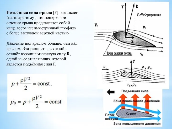 Подъёмная сила крыла [F] возникает благодаря тому , что поперечное сечение крыла