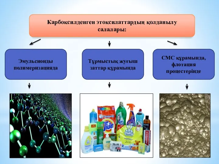 Карбоксилденген этоксилаттардың қолданылу салалары: Эмульсионды полимеризацияда Тұрмыстық жуғыш заттар құрамында СМС құрамында, флотация процестерінде