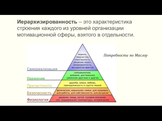 Иерархизированность – это характеристика строения каждого из уровней организации мотивационной сферы, взятого в отдельности.