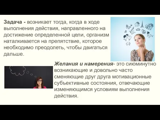 Задача - возникает тогда, когда в ходе выполнения действия, направленного на достижение