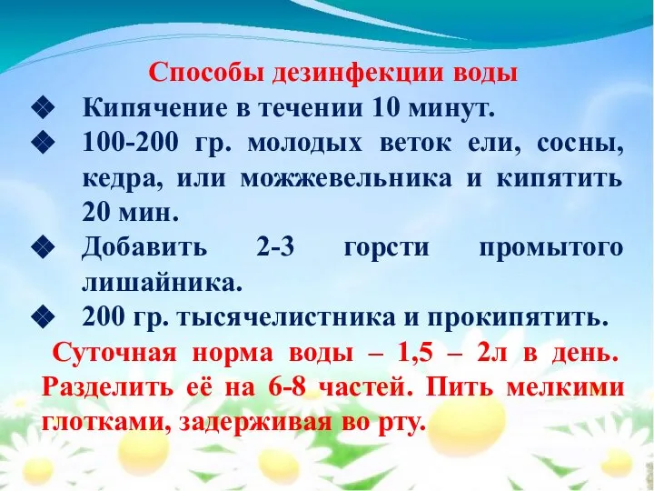 Способы дезинфекции воды Кипячение в течении 10 минут. 100-200 гр. молодых веток