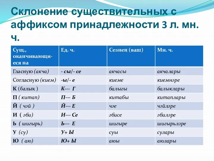 Склонение существительных с аффиксом принадлежности 3 л. мн. ч.