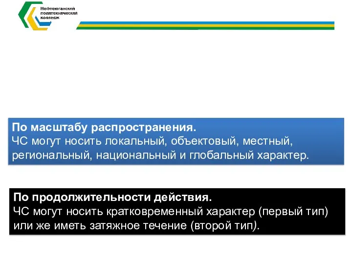 По масштабу распространения. ЧС могут носить локальный, объектовый, местный, региональный, национальный и