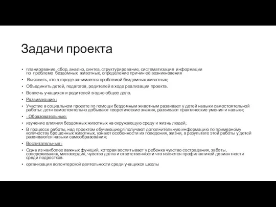 Задачи проекта планирование, сбор, анализ, синтез, структурирование, систематизация информации по проблеме бездомных