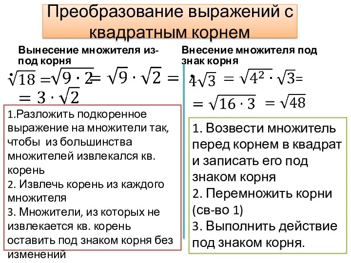 Преобразование выражений с квадратным корнем Вынесение множителя из-под корня Внесение множителя под