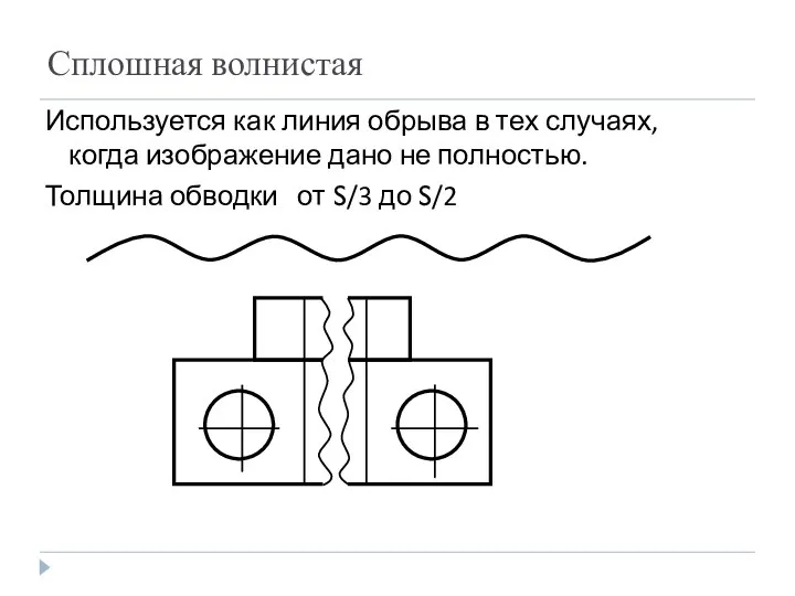 Сплошная волнистая Используется как линия обрыва в тех случаях, когда изображение дано