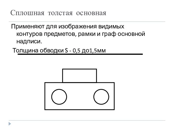 Сплошная толстая основная Применяют для изображения видимых контуров предметов, рамки и граф