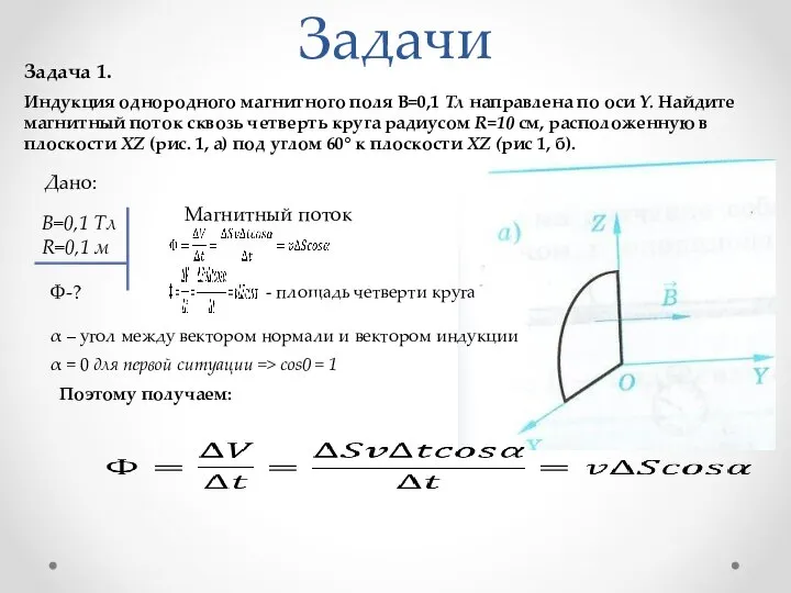 Задачи Задача 1. Индукция однородного магнитного поля B=0,1 Тл направлена по оси