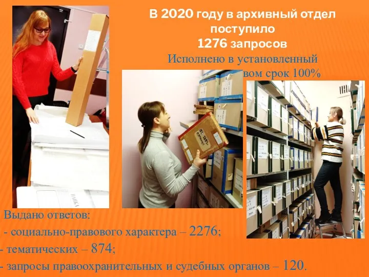 Выдано ответов: - социально-правового характера – 2276; тематических – 874; запросы правоохранительных