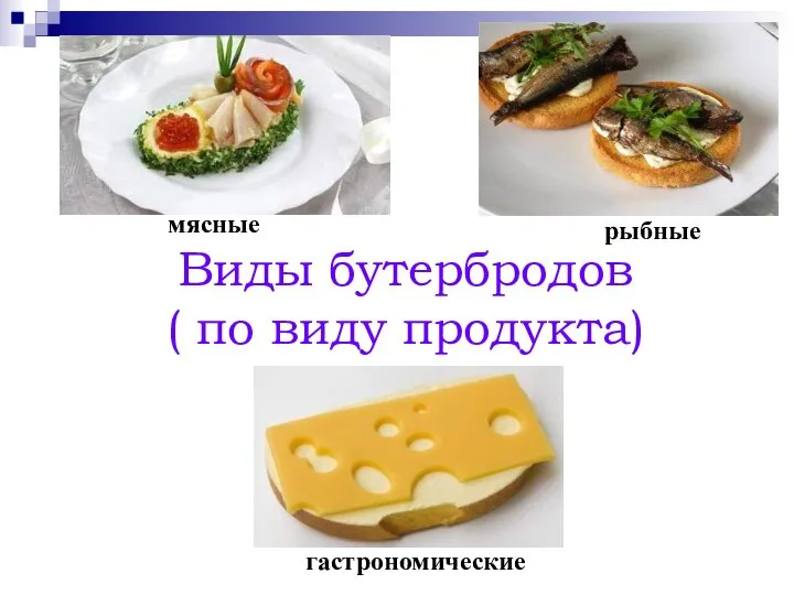 Виды бутербродов ( по виду продукта) мясные гастрономические рыбные