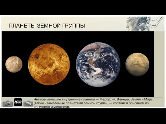 ПЛАНЕТЫ ЗЕМНОЙ ГРУППЫ Четыре меньшие внутренние планеты — Меркурий, Венера, Земля и