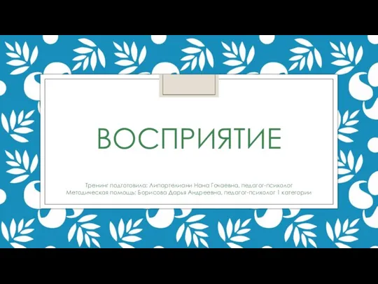 ВОСПРИЯТИЕ Тренинг подготовила: Липартелиани Нана Гочаевна, педагог-психолог Методическая помощь: Борисова Дарья Андреевна, педагог-психолог 1 категории