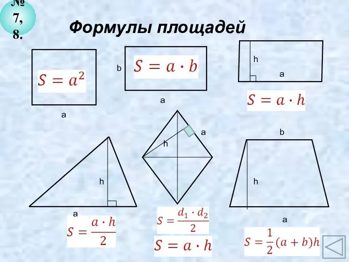 Формулы площадей а а b а h а а b a №7, 8.