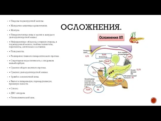 ОСЛОЖНЕНИЯ. • Некрозы поджелудочной железы. • Желудочно-кишечные кровотечения. • Желтуха. • Панкреатогенные