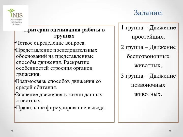 Задание: Критерии оценивания работы в группах Четкое определение вопроса. Представление последовательных обоснований