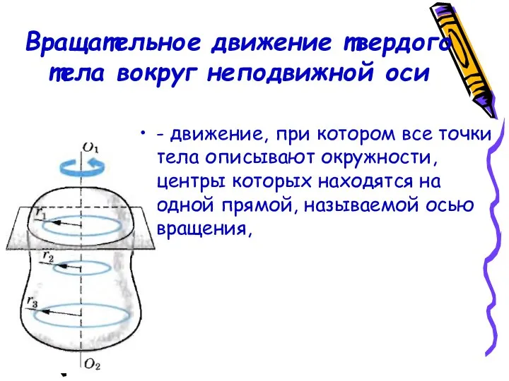 Вращательное движение твердого тела вокруг неподвижной оси - движение, при котором все