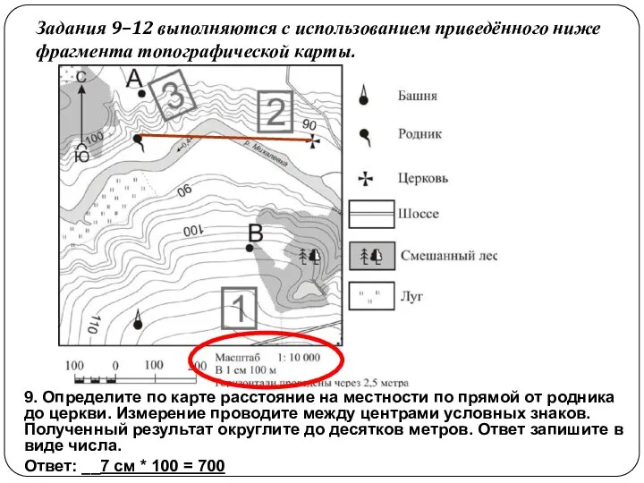 Задания 9–12 выполняются с использованием приведённого ниже фрагмента топографической карты. 9. Определите