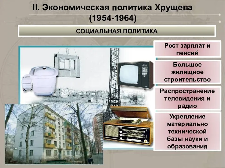 II. Экономическая политика Хрущева (1954-1964) СОЦИАЛЬНАЯ ПОЛИТИКА Рост зарплат и пенсий Большое