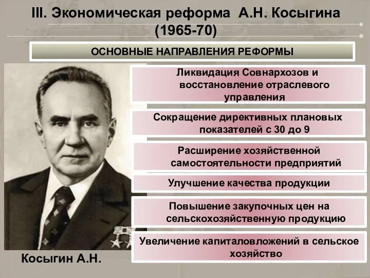 III. Экономическая реформа А.Н. Косыгина (1965-70) Косыгин А.Н. Ликвидация Совнархозов и восстановление