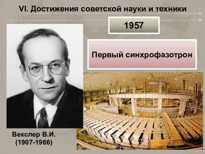 VI. Достижения советской науки и техники Векслер В.И. (1907-1966) 1957 Первый синхрофазотрон