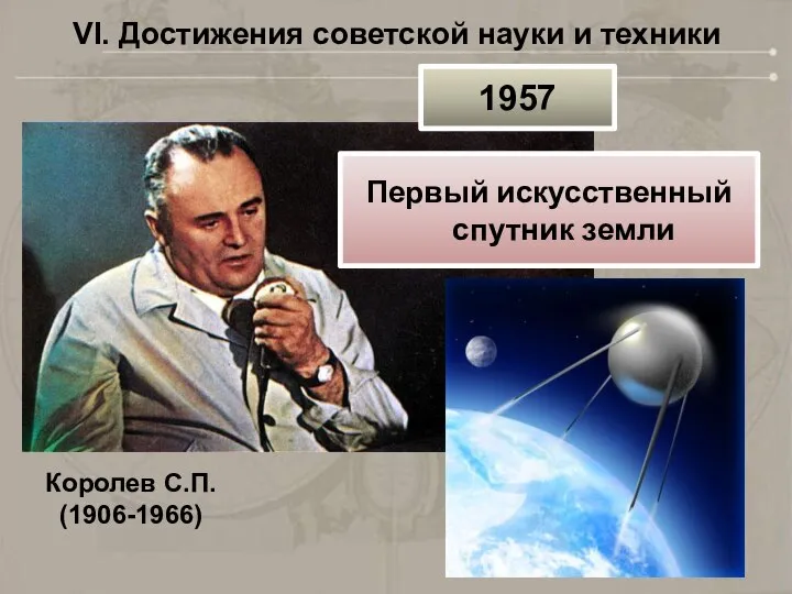 VI. Достижения советской науки и техники Королев С.П. (1906-1966) 1957 Первый искусственный спутник земли