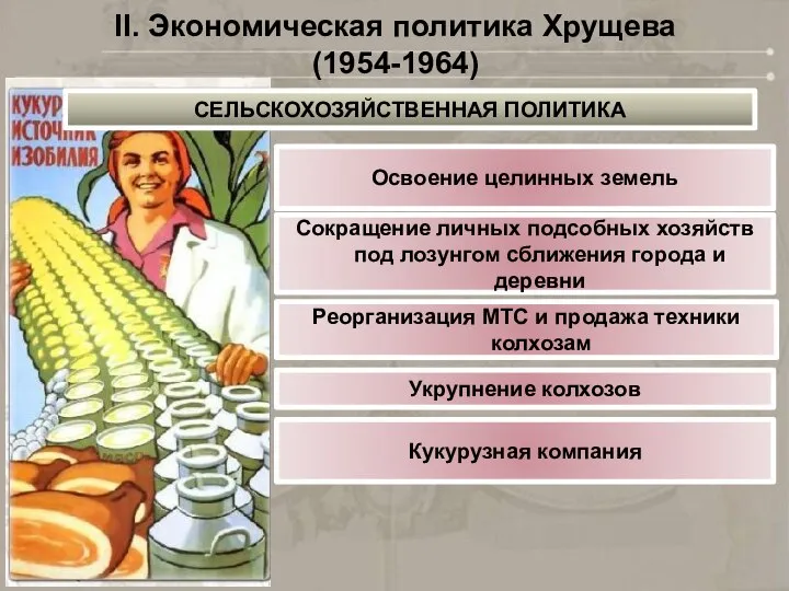 II. Экономическая политика Хрущева (1954-1964) СЕЛЬСКОХОЗЯЙСТВЕННАЯ ПОЛИТИКА Сокращение личных подсобных хозяйств под