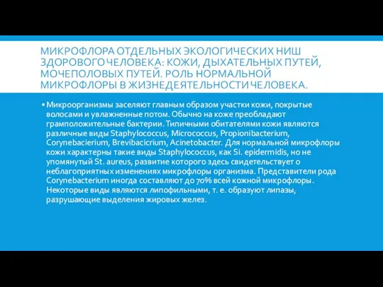 МИКРОФЛОРА ОТДЕЛЬНЫХ ЭКОЛОГИЧЕСКИХ НИШ ЗДОРОВОГО ЧЕЛОВЕКА: КОЖИ, ДЫХАТЕЛЬНЫХ ПУТЕЙ, МОЧЕПОЛОВЫХ ПУТЕЙ. РОЛЬ