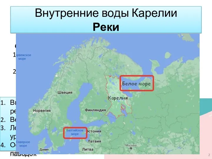 Внутренние воды Карелии Реки Особенности рек: Реки относятся к бассейнам двух морей