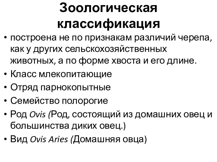 Зоологическая классификация построена не по признакам различий черепа, как у других сельскохозяйственных