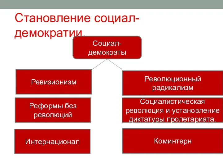 Становление социал-демократии. Социал-демократы Ревизионизм Революционный радикализм Реформы без революций Социалистическая революция и