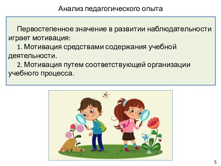 Анализ педагогического опыта Первостепенное значение в развитии наблюдательности играет мотивация: 1. Мотивация