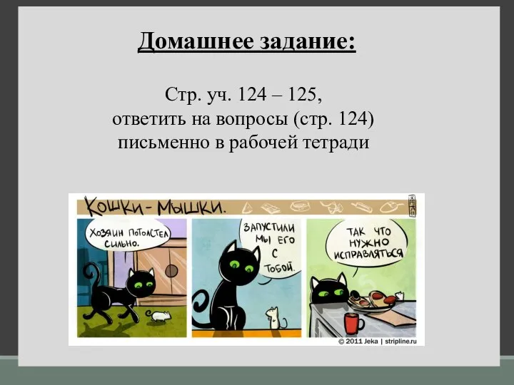 Домашнее задание: Стр. уч. 124 – 125, ответить на вопросы (стр. 124) письменно в рабочей тетради