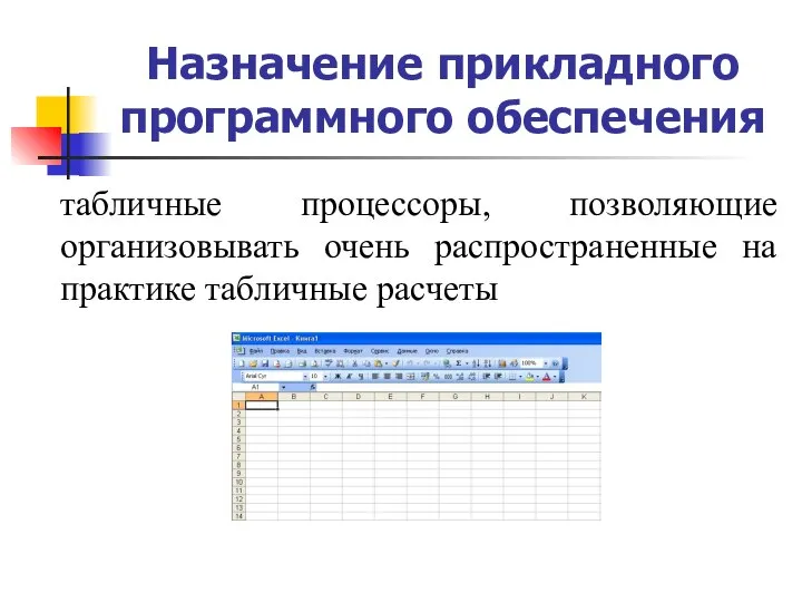 Назначение прикладного программного обеспечения табличные процессоры, позволяющие организовывать очень распространенные на практике табличные расчеты