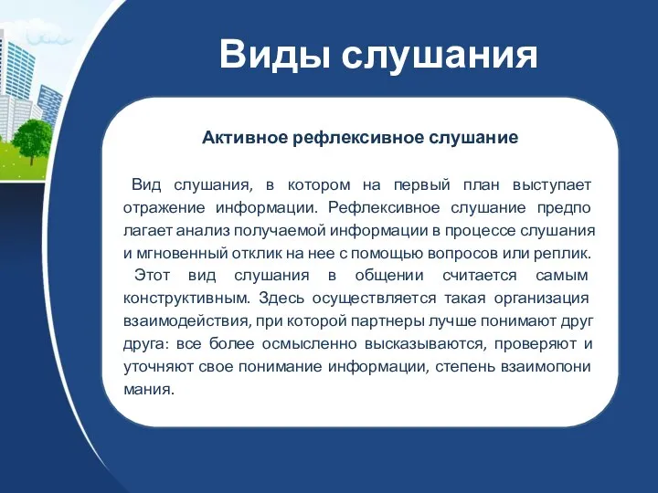 Виды слушания Активное рефлексивное слушание Вид слушания, в котором на первый план