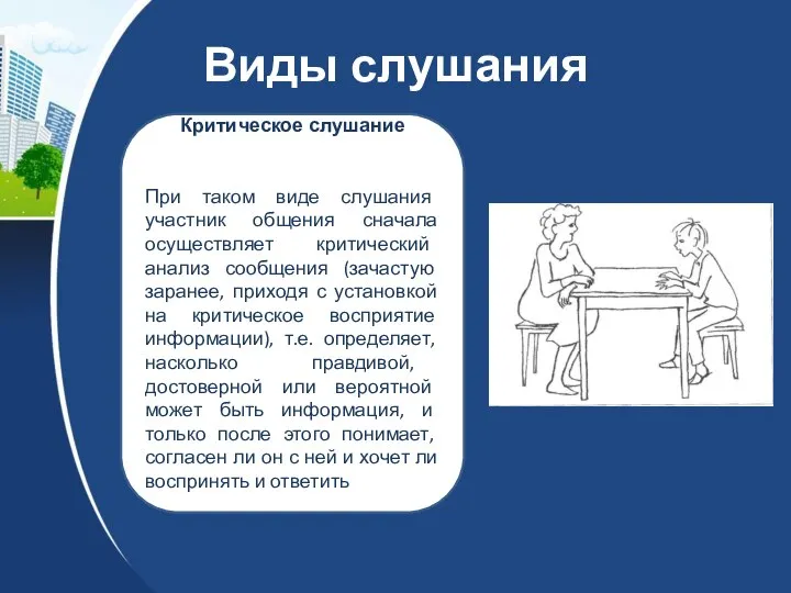 Виды слушания Критическое слушание При таком виде слушания участник общения сначала осуществляет