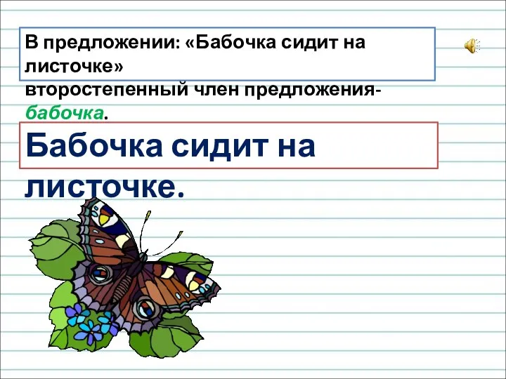В предложении: «Бабочка сидит на листочке» второстепенный член предложения- бабочка. Бабочка сидит на листочке.