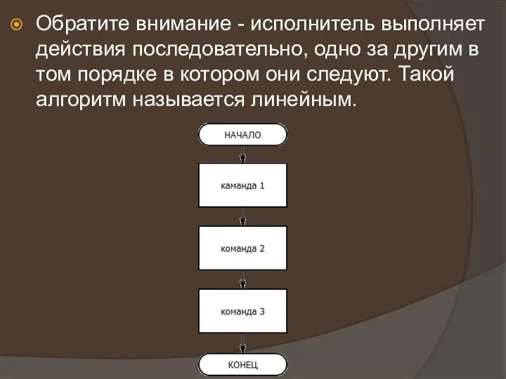 Обратите внимание - исполнитель выполняет действия последовательно, одно за другим в том