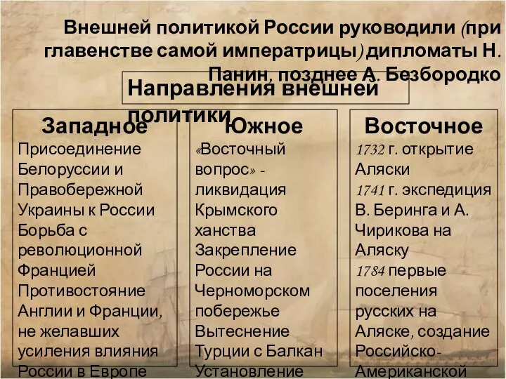 Внешней политикой России руководили (при главенстве самой императрицы) дипломаты Н. Панин, позднее