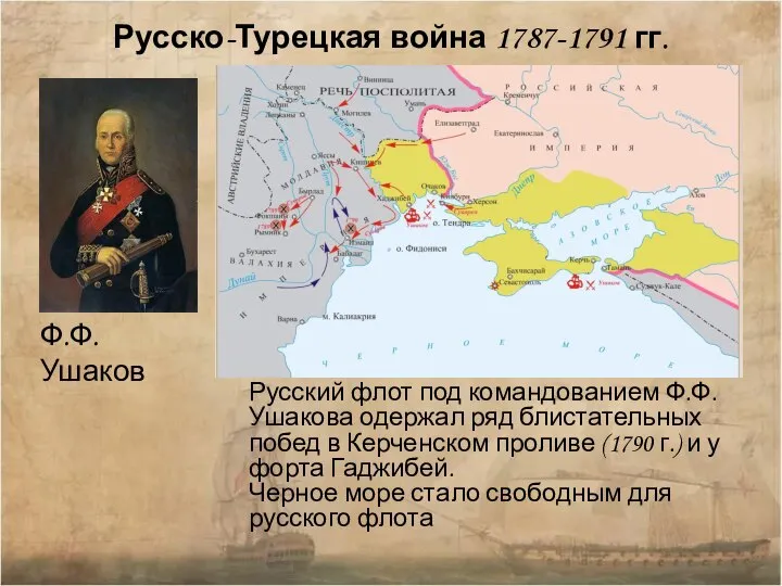 Русско-Турецкая война 1787-1791 гг. Русский флот под командованием Ф.Ф. Ушакова одержал ряд