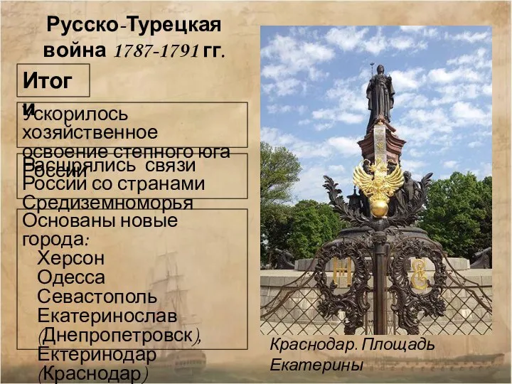 Краснодар. Площадь Екатерины Русско-Турецкая война 1787-1791 гг. Итоги Ускорилось хозяйственное освоение степного