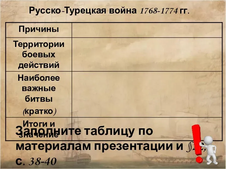 Русско-Турецкая война 1768-1774 гг. Заполните таблицу по материалам презентации и §22, с. 38-40