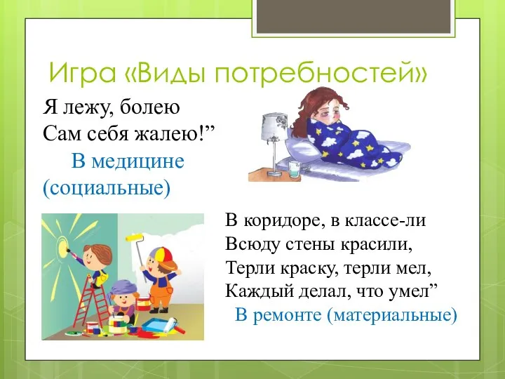 Игра «Виды потребностей» Я лежу, болею Сам себя жалею!” В медицине (социальные)