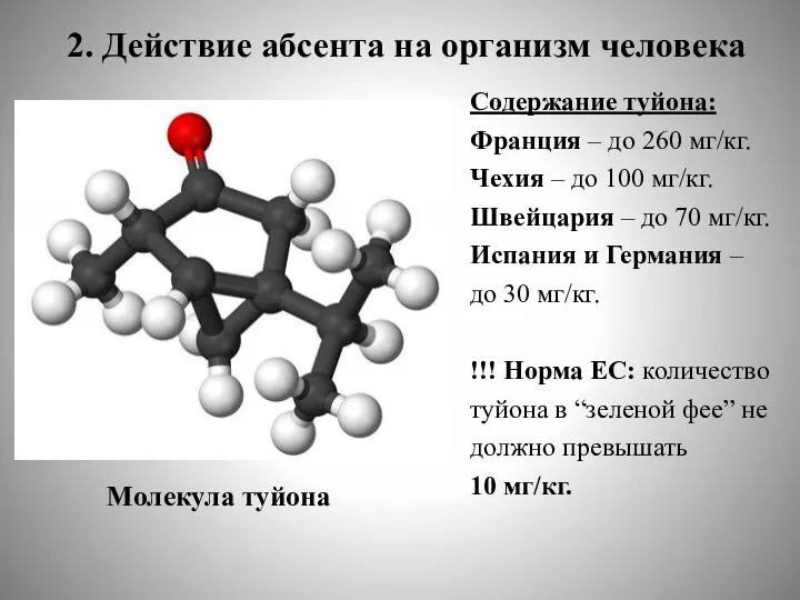 2. Действие абсента на организм человека Молекула туйона Содержание туйона: Франция –